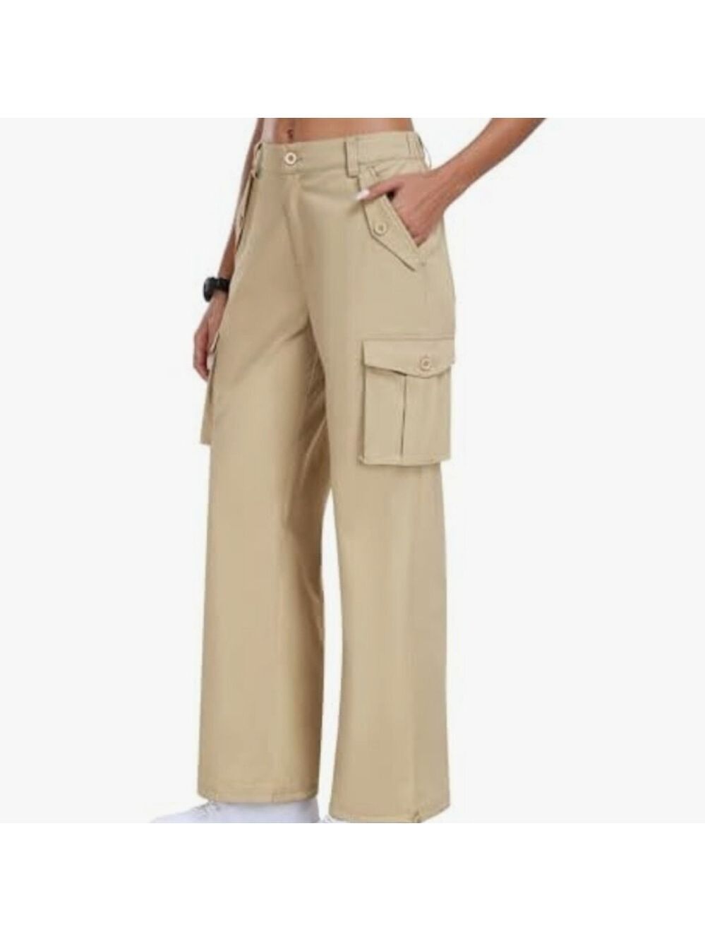MoFiz Womens khaki Cargo 6 Pockets Baggy Streetwear Wide Leg HighWaisted NWT SzL - Picture 2 of 11
